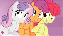Size: 1668x942 | Tagged: safe, screencap, apple bloom, scootaloo, sweetie belle, earth pony, pegasus, pony, unicorn, growing up is hard to do, adorabloom, being big is all it takes, cropped, cute, cutealoo, cutie mark, cutie mark crusaders, diasweetes, excited, female, mare, older, older apple bloom, older cmc, older scootaloo, older sweetie belle, sitting, smiling, the cmc's cutie marks, trio