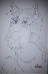 Size: 2046x3100 | Tagged: safe, artist:chango-tan, oc, oc only, earth pony, pony, ear piercing, earth pony oc, eating, female, food, glasses, lineart, mare, meat, monochrome, mouth hold, pepperoni, pepperoni pizza, piercing, pizza, sketch, solo, traditional art