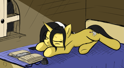 Size: 1569x864 | Tagged: safe, artist:vinaramic, oc, oc:lily flight, oc:lilyt, pony, unicorn, bed, book, female, glasses, mare, on bed, open book, prone, quill, sleeping, solo, window
