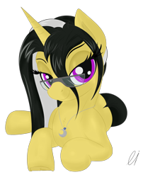 Size: 1340x1658 | Tagged: safe, artist:vinaramic, oc, oc:lily flight, oc:lilyt, pony, unicorn, chest fluff, eyelashes, female, glasses, jewelry, lidded eyes, looking at you, mare, necklace, prone, simple background, smiling, solo, transparent background