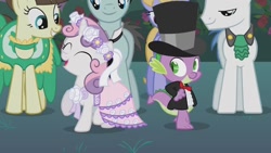 Size: 1280x720 | Tagged: safe, screencap, bruce mane, cloud kicker, fine line, maxie, orion, shooting star (character), spike, sweetie belle, dragon, pony, a canterlot wedding, bowtie, clothes, cute, dancing, dress, female, filly, flower, flower filly, flower girl dress, flower in hair, hat, mare, shipping fuel, suit, top hat, tuxedo