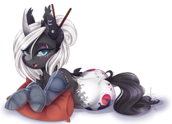 Size: 1024x743 | Tagged: safe, artist:pvrii, oc, oc only, oc:nori, alicorn, cyborg, pony, alicorn oc, amputee, body markings, both cutie marks, butt freckles, chest fluff, chopsticks, chopsticks in hair, curved horn, cyberpunk, ear piercing, eye scar, eyeshadow, fangs, female, freckles, horn, lidded eyes, makeup, mare, piercing, pillow, prosthetic limb, prosthetics, scar, simple background, slit eyes, solo, transparent background, wingless