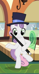 Size: 441x844 | Tagged: safe, screencap, sweetie belle, pony, unicorn, growing up is hard to do, being big is all it takes, bipedal, cane, cropped, cute, dancing, diasweetes, female, hat, holding, mare, older, older sweetie belle, raised hoof, smiling, solo, top hat, train, underhoof