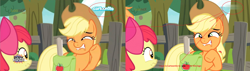 Size: 5096x1440 | Tagged: safe, derpibooru import, screencap, apple bloom, applejack, earth pony, pony, going to seed, apple sisters, cartoonito logo, circled, duo, faic, female, filly, foal, italian, lip bite, mare, saddle bag, sisters