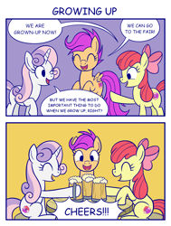 Size: 1600x2120 | Tagged: safe, artist:sazanamibd, apple bloom, scootaloo, sweetie belle, earth pony, pegasus, pony, unicorn, growing up is hard to do, 2koma, alcohol, cider, comic, cutie mark crusaders, female, filly, older, older apple bloom, older scootaloo, older sweetie belle