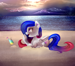 Size: 2500x2200 | Tagged: safe, artist:segraece, oc, oc only, oc:sherbert swirl, pegasus, pony, beach, cocktail, cup, pegasus oc, ponyloaf, prone, sand, solo, wings