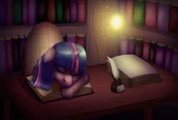 Size: 1900x1280 | Tagged: safe, artist:ray-frost, twilight sparkle, twilight sparkle (alicorn), alicorn, pony, book, bookshelf, inkwell, light, quill, solo