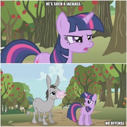 Size: 1000x1000 | Tagged: safe, edit, edited screencap, screencap, cletus, twilight sparkle, mule, unicorn, applebuck season, annoyed, apple, apple tree, caption, food, image macro, jackass, text, tree