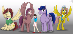 Size: 1920x901 | Tagged: safe, artist:cactuscowboydan, oc, oc:heartstrong flare, oc:king calm merriment, oc:king speedy hooves, oc:queen galaxia, oc:tommy the human, alicorn, human, pony, alicorn oc, aunt and niece, clothes, commissioner:bigonionbean, conductor hat, dress, father and child, father and daughter, female, fusion, fusion:heartstrong flare, fusion:king calm merriment, fusion:king speedy hooves, fusion:queen galaxia, human oc, male, mare, mother and child, mother and daughter, parent and child, rule 63, spread wings, stallion, uniform, wing flare, wings, wonderbolt trainee uniform