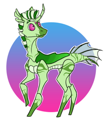 Size: 646x724 | Tagged: safe, artist:phobicalbino, oc, oc only, oc:toothpaste, hybrid, changeling hybrid, curved horn, green changeling, horn, multiple eyes, raised hoof, simple background, solo, white background, zebra hybrid