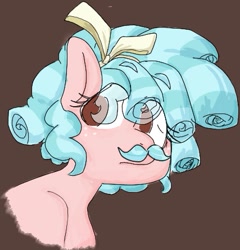 Size: 427x445 | Tagged: safe, artist:mlpgemblossom, cozy glow, pegasus, pony, brown background, bust, eye clipping through hair, facial hair, female, filly, freckles, moustache, no pupils, portrait, simple background, solo