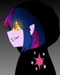 Size: 1104x1367 | Tagged: safe, artist:thatgreypeanut, twilight sparkle, human, bust, corrupted, corrupted twilight sparkle, cutie mark on clothes, elf ears, evil grin, female, glowing eyes, gradient background, grin, humanized, implied grogar, smiling, solo, twilight is anakin