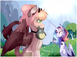 Size: 1280x946 | Tagged: safe, artist:manella-art, artist:sweetie-drawz, oc, oc only, oc:neverfree storm, oc:peach, alicorn, pegasus, pony, collaboration, alicorn oc, female, horns, magical lesbian spawn, mare, mouth hold, offspring, open collaboration, parent:rainbow dash, parent:twilight sparkle, parents:twidash, totoro