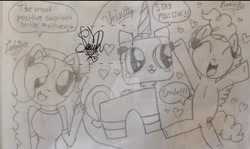 Size: 400x238 | Tagged: safe, artist:salogyart, pinkie pie, oc, oc:lobina, anthro, earth pony, pony, anthro oc, crossover, lego, the lego movie, traditional art, unikitty