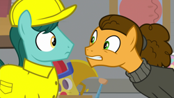 Size: 1920x1080 | Tagged: safe, screencap, cheese sandwich, earth pony, pony, the last laugh, alternate hairstyle, background pony, clothes, duo, faic, hard hat, male, stallion, sweater, turtleneck, unnamed pony