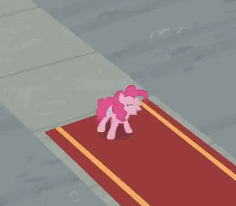 Size: 236x206 | Tagged: safe, derpibooru import, screencap, pinkie pie, earth pony, pony, the last laugh, animated, bipedal, carpet, cute, diapinkes, eyes closed, female, happy, jumping, mare, open mouth, raised hoof, smiling, solo, spinning, talking