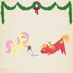 Size: 2000x2000 | Tagged: safe, anonymous artist, big macintosh, fluttershy, pegasus, pony, series:12 days of hearth's warming, series:fm holidays, 12 days of christmas, bag, big eyes, border, christmas, christmas wreath, cute, dice, female, fluttermac, garland, happy, hearth's warming, holiday, macabetes, male, pointy ponies, shipping, smiling, straight, texture, wreath