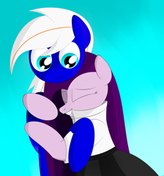 Size: 2000x2150 | Tagged: safe, artist:visionwing, oc, oc:electric blue, oc:visionwing, pony, black skirt, confused, eyes closed, happy, hug, looking at someone, white shirt