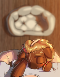 Size: 2638x3356 | Tagged: safe, artist:klooda, oc, oc:aero, pony, blushing, cushion, cute, detailed, detailed background, eyes closed, hand, holding a pony, human and pony, pony pet, sleeping, sleepy, solo focus, ych result