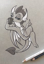 Size: 1410x2048 | Tagged: safe, artist:emberslament, smolder, dragon, blushing, claws, coffee, colored pencil drawing, colored pencils, crossed legs, cute, dragoness, drinking, eyes closed, female, folded wings, horns, older smolder, photo, smolderbetes, solo, toes, traditional art, wings