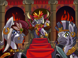 Size: 2449x1810 | Tagged: safe, artist:cazra, zebra, fallout equestria, caesar (rome), column, fire, gladiator, is this a jojo refrence?, mask, mystic, necromancer, roman, throne, zebra empire