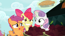 Size: 1600x900 | Tagged: safe, screencap, apple bloom, scootaloo, sweetie belle, the big mac question, apple, cutie mark crusaders, excited, food, hiding, levitation, magic, pie, smiling, telekinesis