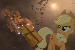 Size: 1323x879 | Tagged: safe, derpibooru import, edit, applejack, earth pony, pony, avorion, shading, spaceship, stars