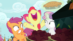 Size: 1600x900 | Tagged: safe, screencap, apple bloom, scootaloo, sweetie belle, the big mac question, apple, cutie mark crusaders, excited, food, happy, hiding, levitation, magic, nervous, pie, smiling, telekinesis, yelling