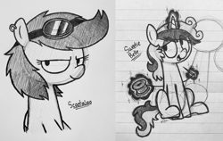 Size: 3242x2046 | Tagged: safe, artist:modocrisma, scootaloo, sweetie belle, pegasus, pony, unicorn, alternate design, alternate universe, au:lbau, aura, doodle, ear piercing, eyeshadow, female, goggles, horn, levitation, lined paper, looking at you, magic, makeup, monochrome, needle, paper, pen drawing, photo, piercing, sitting, sketch, solo, spool, teenager, telekinesis, thread, traditional art, watermark, wings