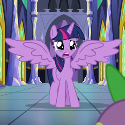 Size: 700x700 | Tagged: safe, screencap, spike, twilight sparkle, twilight sparkle (alicorn), alicorn, dragon, pony, the last problem, cropped, crying, female, male, mare, offscreen character, open mouth, sad, solo focus, spread wings, winged spike, wings