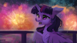 Size: 1920x1080 | Tagged: safe, artist:hierozaki, twilight sparkle, twilight sparkle (alicorn), alicorn, pony, female, fireworks, happy new year, happy new year 2020, holiday, mare, open mouth, solo