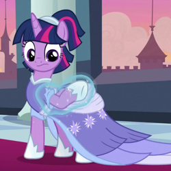 Size: 700x700 | Tagged: safe, screencap, twilight sparkle, twilight sparkle (alicorn), alicorn, pony, the last problem, alternate hairstyle, clothes, cropped, cute, dress, female, implied rarity, magic, mare, second coronation dress, solo, telekinesis