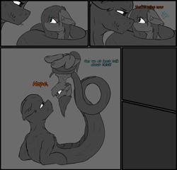 Size: 3136x3016 | Tagged: safe, artist:scarrly, oc, lamia, original species, pony, snake, snake pony, coiling, coils, comic, constriction, dialogue, imminent vore, looking at each other, snek