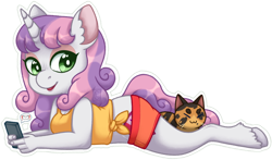 Size: 800x469 | Tagged: safe, artist:soulnik, sweetie belle, oc, oc:granite, anthro, cat, unguligrade anthro, unicorn, clothes, cute, diasweetes, ear fluff, female, mare, notification, older, older sweetie belle, phone, prone, shorts, side knot midriff, speech bubble, unshorn fetlocks