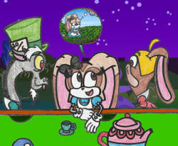 Size: 1952x1606 | Tagged: safe, artist:drquack64, discord, alice, alice in wonderland, broodals, cream the rabbit, crossover, mad hatter, march hare, rango, sonic the hedgehog (series), super mario bros., super mario odyssey