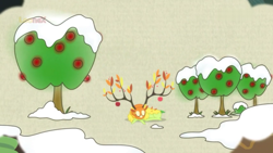 Size: 1280x720 | Tagged: safe, screencap, the great seedling, deer, going to seed, apple, apple tree, branches for antlers, cute, dryad, eyes closed, food, male, sleeping, snow, solo, spirit, tree