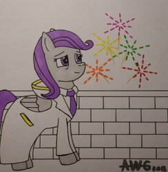 Size: 3432x3512 | Tagged: safe, artist:awgear, oc, oc:morning glory (project horizons), pegasus, fallout equestria, fallout equestria: project horizons, clothes, fanfic art, fireworks, lab coat, necktie, new year, purple mane, purple tail, tired, traditional art