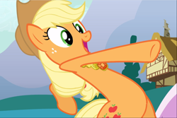 Size: 1404x939 | Tagged: safe, screencap, applejack, earth pony, pony, magical mystery cure, bipedal, cropped, element of honesty, excited, female, freckles, mare, open mouth, pushing, raised hoof, smiling, solo