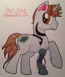 Size: 1080x1275 | Tagged: safe, oc, oc:short circuit, pony, unicorn, photo, robotic arm, solo, tattoo, traditional art