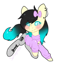 Size: 906x1004 | Tagged: safe, artist:pomrawr, oc, oc only, earth pony, pony, blushing, bow, clothes, ear piercing, earth pony oc, hair bow, piercing, simple background, skull, solo, transparent background