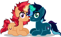 Size: 2850x1709 | Tagged: safe, artist:stellardusk, derpibooru exclusive, oc, oc:evenstar gleam, oc:stellar dusk, pony, unicorn, 2020 community collab, aura, couple, derpibooru community collaboration, gay, looking at you, magic, male, simple background, sitting, transparent background