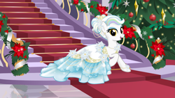 Size: 2773x1560 | Tagged: safe, artist:nstone53, oc, oc:prism palette, earth pony, pony, christmas, christmas tree, clothes, dress, ear piercing, earring, female, flower, flower in hair, gala dress, holiday, jewelry, pearl, piercing, stairs, tree