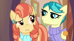 Size: 1920x1080 | Tagged: safe, screencap, aunt holiday, auntie lofty, pegasus, pony, the last crusade, bags under eyes, clothes, duo, ear piercing, earring, female, jewelry, mare, piercing, raised eyebrow, scarf, sweater