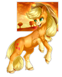 Size: 2424x3000 | Tagged: safe, artist:gaelledragons, derpibooru import, applejack, earth pony, pony, cowboy hat, female, hat, mare, rearing, smiling, solo, stetson, white outline