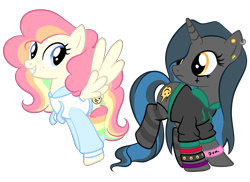 Size: 2752x2000 | Tagged: safe, artist:flutterbases, artist:magicpebbles, oc, oc only, oc:cheery candy, oc:tough cookie (ice1517), pegasus, pony, unicorn, base used, cheerycookie, clothes, commission, ear piercing, earring, eyeshadow, female, freckles, hoodie, jewelry, lesbian, makeup, mare, multicolored hair, oc x oc, piercing, rainbow hair, rainbow socks, raised leg, shipping, simple background, socks, striped socks, transparent background, wristband