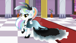 Size: 1600x900 | Tagged: safe, artist:nstone53, oc, oc:prism palette, earth pony, pony, clothes, dress, feather, female, gala dress