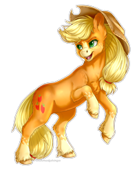 Size: 2424x3000 | Tagged: safe, artist:gaelledragons, derpibooru import, applejack, earth pony, pony, cowboy hat, female, hat, mare, rearing, simple background, smiling, solo, stetson, transparent background, unshorn fetlocks, white outline