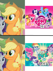 Size: 944x1260 | Tagged: safe, edit, edited screencap, screencap, applejack, fluttershy, pinkie pie, rarity, twilight sparkle, twilight sparkle (alicorn), unicorn twilight, alicorn, earth pony, pegasus, pony, unicorn, my little pony: pony life, over a barrel, season 1, applejack's hat, background pony, cowboy hat, cropped, cutie mark, do not want, faic, female, freckles, frown, hat, logo, mare, meme, mouthpiece, offscreen character, pony life drama, raised hoof, reaction image, smiling, solo focus, stetson, surprised, want, wide eyes