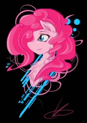 Size: 500x707 | Tagged: safe, artist:okami43, derpibooru import, pinkie pie, earth pony, pony, black background, bust, cute, portrait, simple background, solo