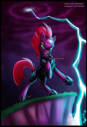 Size: 717x1048 | Tagged: safe, artist:ferisae, tempest shadow, pony, unicorn, broken horn, eye scar, female, horn, mare, obtrusive watermark, rearing, scar, solo, watermark